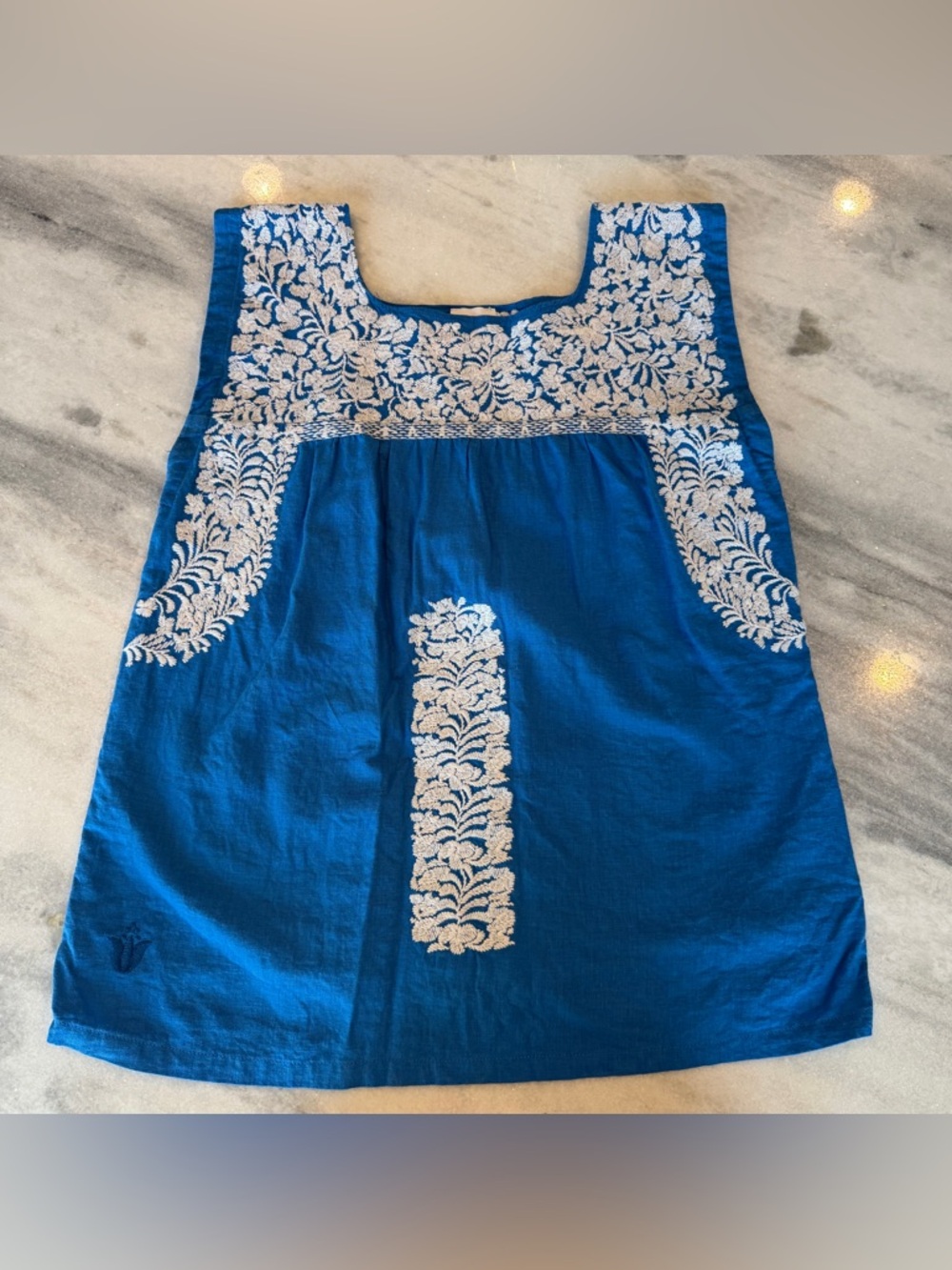 J. Marie Linen & Viscose Blend Blue & White Embroidered Sleeveless Tank Top XS